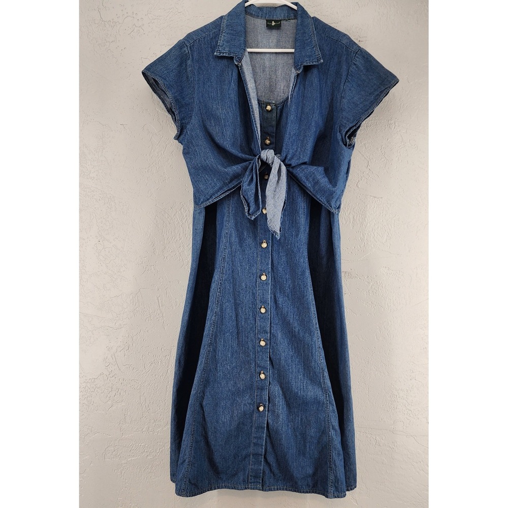 Vintage Hunt Club Blue Denim Tie Front Button Down Midi Dress Womens 18 *FLAW*